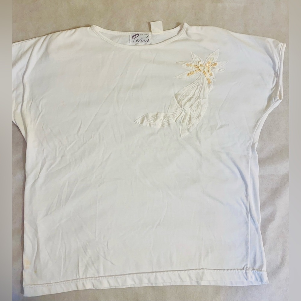 White T-Shirt with Floral Embroidery - Picture 1 of 5